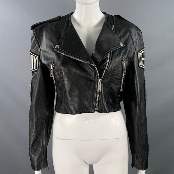 JOHN RICHMOND Size M Black Silver Leather Patches Zip Pockets Biker Jacket - Picture 1 of 12
